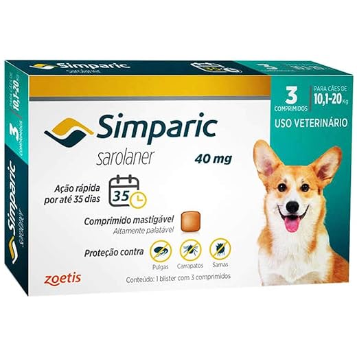 Simparic 40mg – Antipulgas e Carrapatos para Cães de 20 a 40kg
