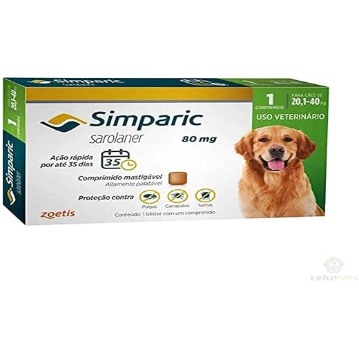 Simparic 80mg 1 comprimido antipulgas e carrapatos para cães de 20 a 40kg