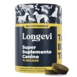 Tabletes Longevi suplemento nutricional para cães idosos, com vitaminas e minerais que apoiam a vitalidade, imunidade e saúde das articulações.